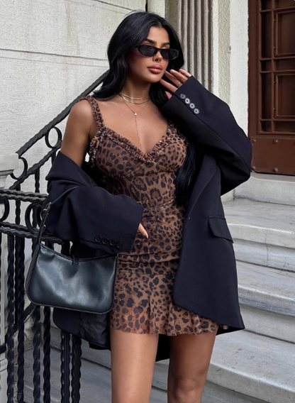 Sexy Hot Girl Ear Lace Leopard Print Low-cut V-neck Birthday Skirt Homecoming Dress P3852