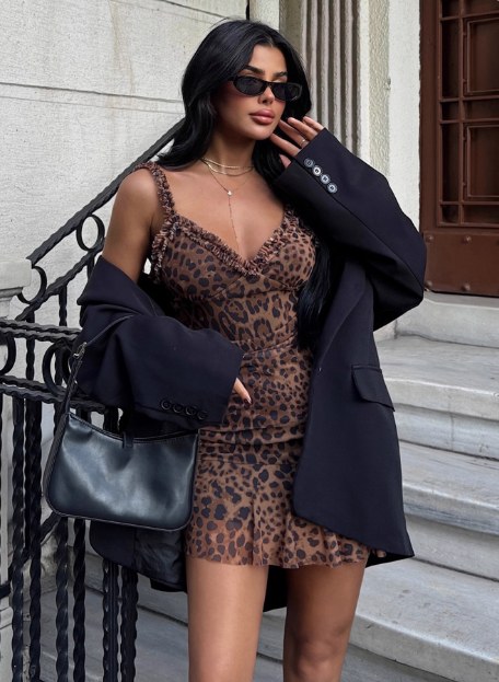 Sexy Hot Girl Ear Lace Leopard Print Low-cut V-neck Birthday Skirt Homecoming Dress P3852