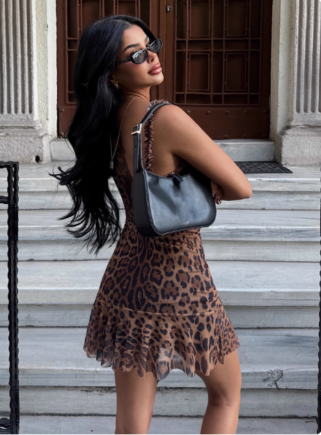 Sexy Hot Girl Ear Lace Leopard Print Low-cut V-neck Birthday Skirt Homecoming Dress P3852