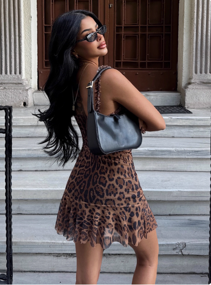 Sexy Hot Girl Ear Lace Leopard Print Low-cut V-neck Birthday Skirt Homecoming Dress P3852