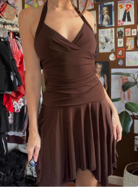 Irregular Halter Neck V-neck Brown Waisted Birthday Short Skirt Homecoming Dress P3853
