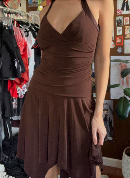 Irregular Halter Neck V-neck Brown Waisted Birthday Short Skirt Homecoming Dress P3853