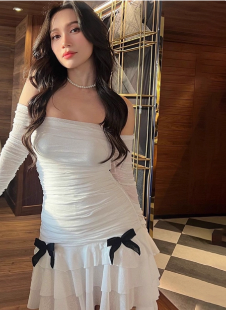 Sweet Bow Pleated Mesh Ruffle Hip Birthday Skirt Homecoming Dress P3856