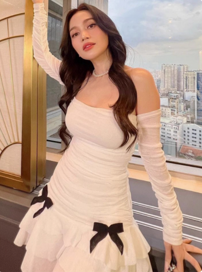 Sweet Bow Pleated Mesh Ruffle Hip Birthday Skirt Homecoming Dress P3856