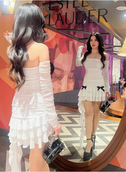 Sweet Bow Pleated Mesh Ruffle Hip Birthday Skirt Homecoming Dress P3856