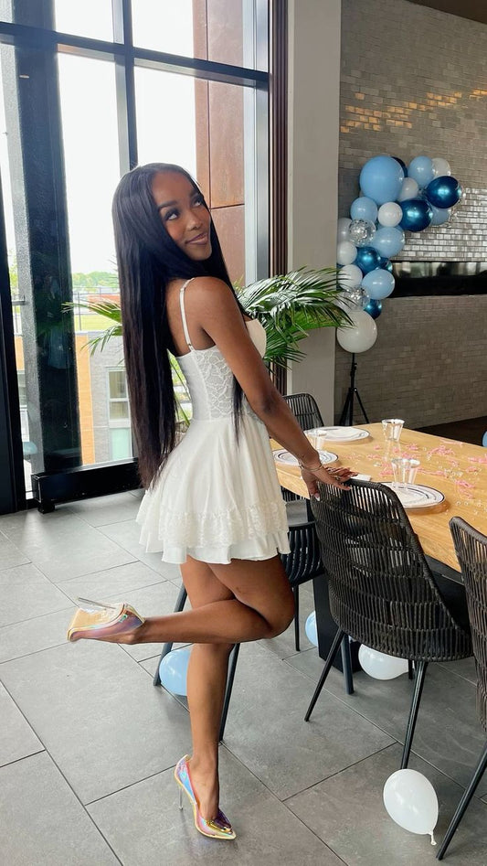 Sweet White Suspender Herringbone A-line 17th Birthday Homecoming Dress P3859