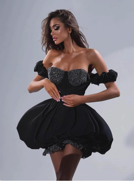 17th Birthday One Shoulder Black Puffy Rhinestone Homecoming Dress P3893