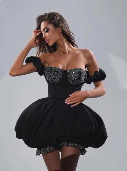17th Birthday One Shoulder Black Puffy Rhinestone Homecoming Dress P3893