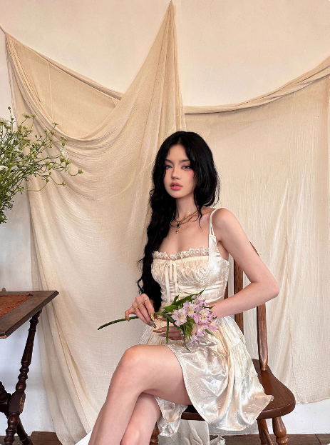 French Retro Lace Suspenders Dark Satin A-line 21st Birthday Homecoming Dress P3900