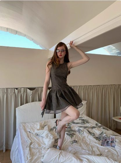 Retro Grey Polka Dot Sleeveless A-line 17th Birthday Homecoming Dress P3903