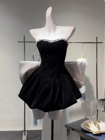 Sweet Tube Top Black Velvet Bow 19th Birthday Homecoming Dress P3908
