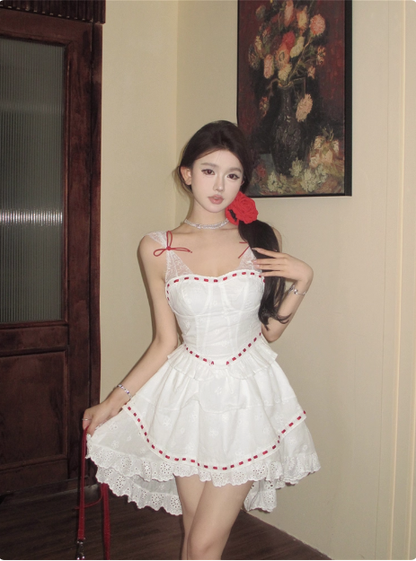 Princess Lace Stitching White Sling Waist Cake Birthday Skirt Homecoming Dress P3911
