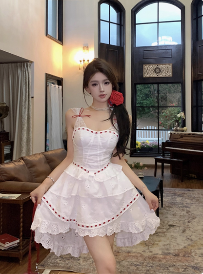 Princess Lace Stitching White Sling Waist Cake Birthday Skirt Homecoming Dress P3911