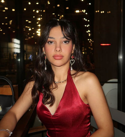 Elegant Burgundy V-neck Halter Satin A-line Birthday Short Skirt Homecoming Dress P3936