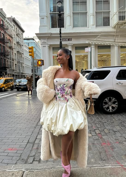 Elegant Embroidered Ivory Strapless Satin Flower Bud Birthday Dress Homecoming Dress P3940