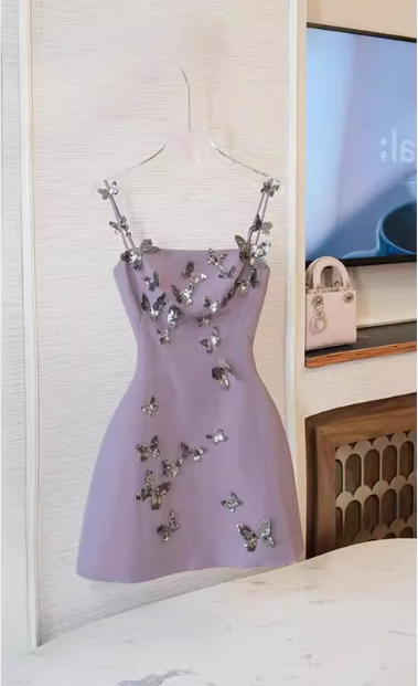 Charming Purple Butterfly Strap Satin 17th Birthday Homecoming Dress P3957