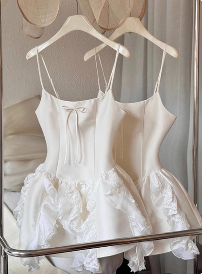 Sweet White Bow Satin Lace Ruffled 17th Birthday Homecoming Dress P3958