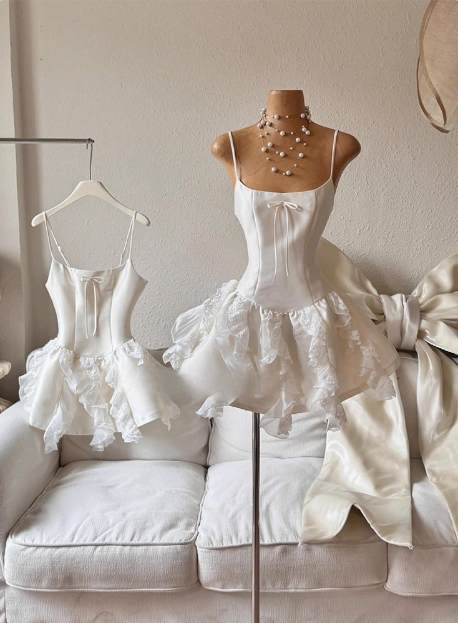 Sweet White Bow Satin Lace Ruffled 17th Birthday Homecoming Dress P3958