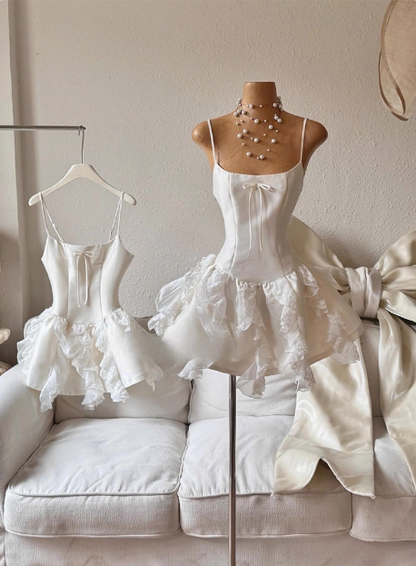 Sweet White Bow Satin Lace Ruffled 17th Birthday Homecoming Dress P3958