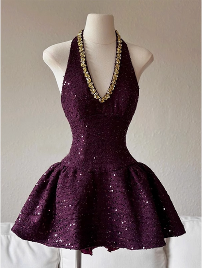 Heavy Diamond Purple Sequined Halter Neck A-line 19th Birthday Homecoming Dress P3960