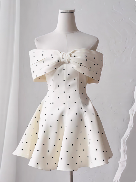 Sweet One-shoulder Bow Satin Polka Dot Puffy Birthday Skirt Homecoming Dress P3961
