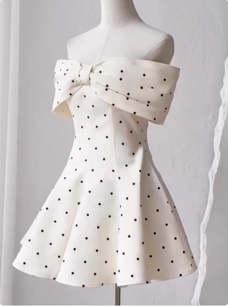 Sweet One-shoulder Bow Satin Polka Dot Puffy Birthday Skirt Homecoming Dress P3961