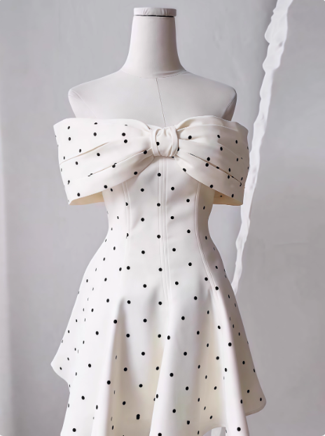 Sweet One-shoulder Bow Satin Polka Dot Puffy Birthday Skirt Homecoming Dress P3961