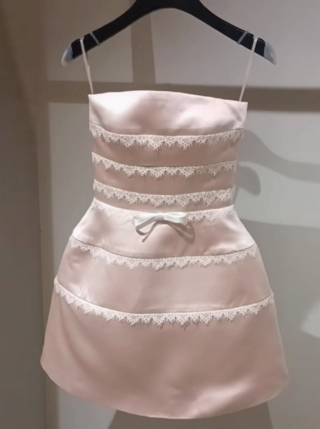 Cute Pink Suspender Satin Lace 17th Birthday Homecoming Dress P3964