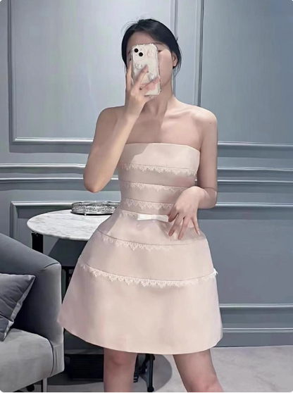 Cute Pink Suspender Satin Lace 17th Birthday Homecoming Dress P3964