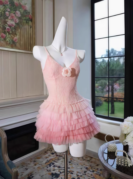 Cute Gradient Pink Lace V-neck Princess Puffy Birthday Skirt Homecoming Dress P3969