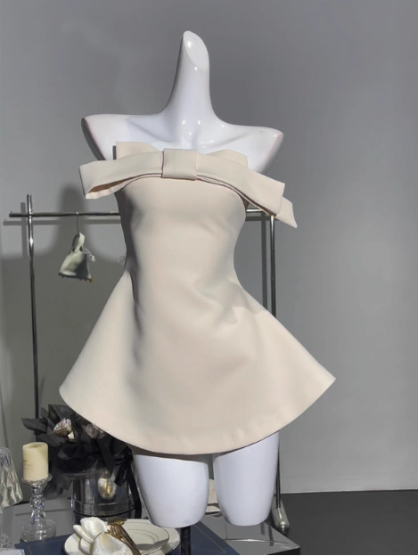 Simple Tube Top Bow Waist Birthday Skirt Homecoming Dress P3970