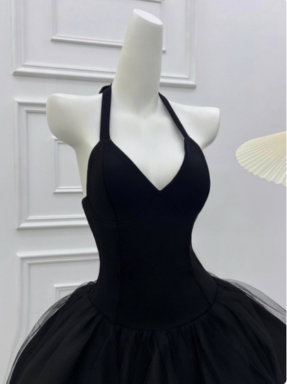 Beautiful Halterneck Black Mesh Splicing Puffy Birthday Dress Homecoming Dress P3972