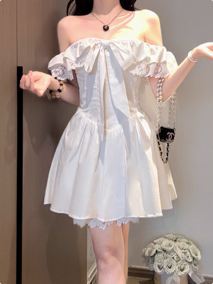 Sweet Bow Shoulder Lace A-line Birthday Short Skirt Homecoming Dress P3976