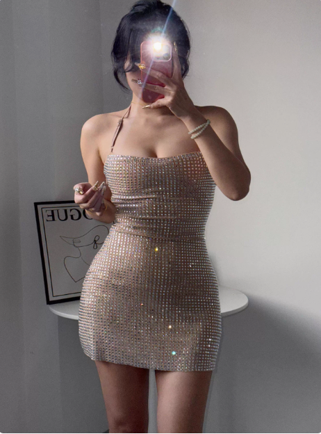 Sexy Halter Neck Super Sparkling Rhinestone Hip-wrapped Birthday Short Skirt Homecoming Dress P3977