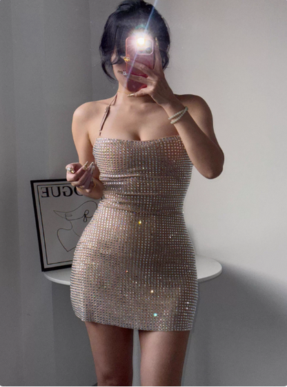 Sexy Halter Neck Super Sparkling Rhinestone Hip-wrapped Birthday Short Skirt Homecoming Dress P3977