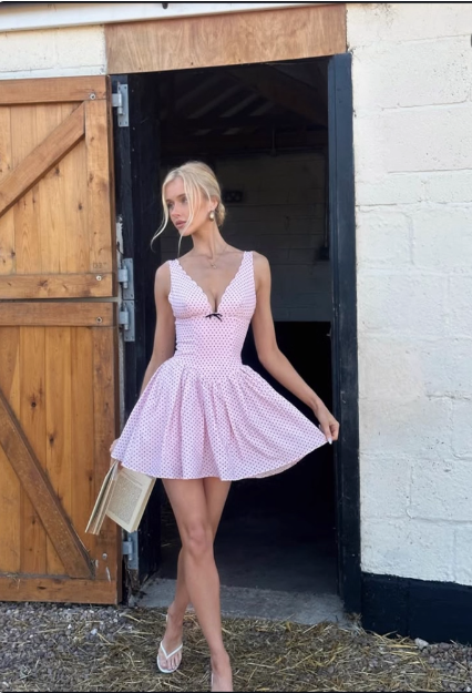 Cute Pink Deep V Polka Dot A-line Birthday Dress Homecoming Dress P3979