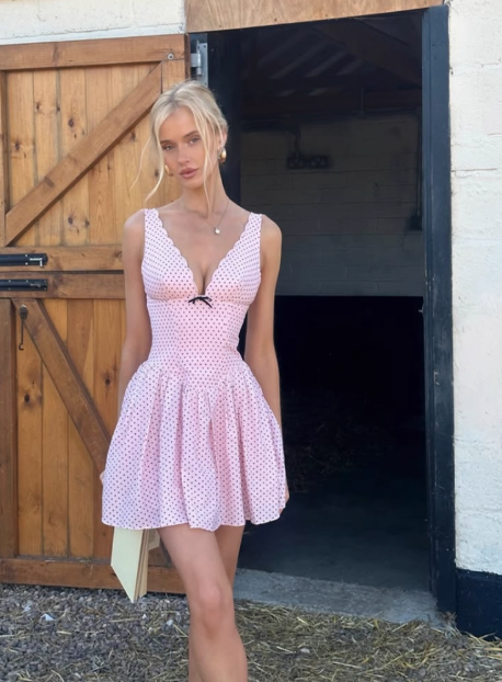 Cute Pink Deep V Polka Dot A-line Birthday Dress Homecoming Dress P3979