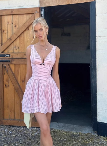 Cute Pink Deep V Polka Dot A-line Birthday Dress Homecoming Dress P3979