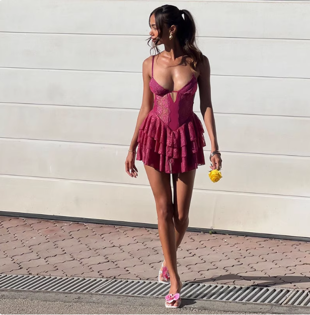 Sexy Purple Lace Halter Waist Hollow Birthday Cake Skirt Homecoming Dress P3982