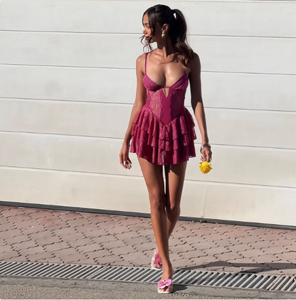 Sexy Purple Lace Halter Waist Hollow Birthday Cake Skirt Homecoming Dress P3982