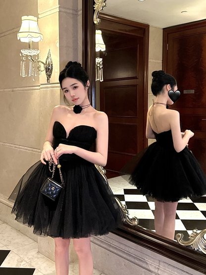 Simple Black A Line Sweetheart Neck Tulle Short Birthday Dress Homecoming Dress SH3402