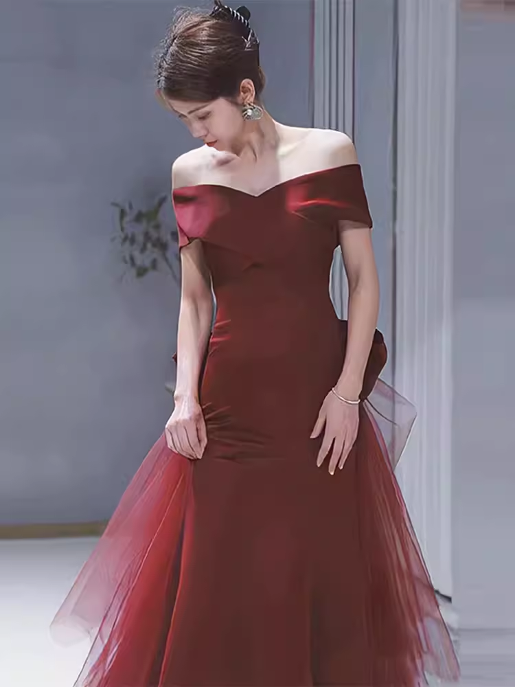 Mermaid Off Shoulder Evening Dress with Bow Burgundy Prom Dress P608