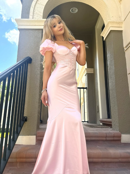 Princess Pink Mermaid Puff Lace Satin Prom Dress Cocktail Dress SH3744
