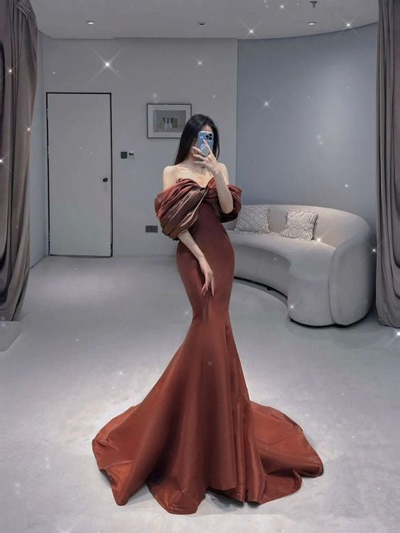 Unique Mermaid Off The Shoulder Brown Long Prom Dress P579