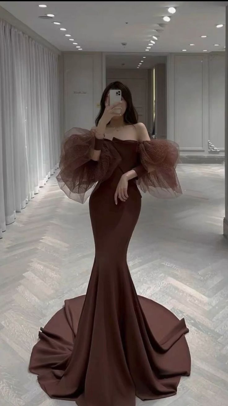 Unique Mermaid Off The Shoulder Brown Long Prom Dress P581