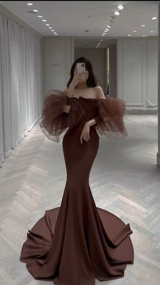 Unique Mermaid Off The Shoulder Brown Long Prom Dress P581