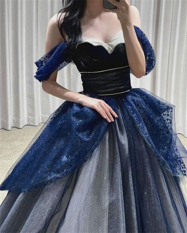 Gothic Glitter Blue Princess Tulle Prom Dress Blue Long Evening Dress P612
