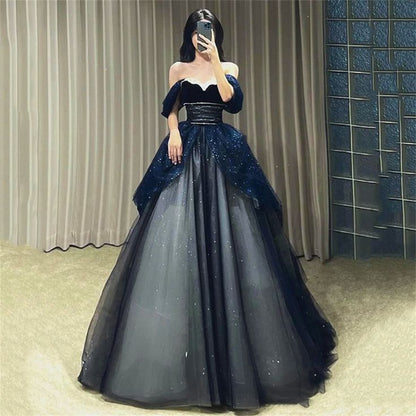 Gothic Glitter Blue Princess Tulle Prom Dress Blue Long Evening Dress P612