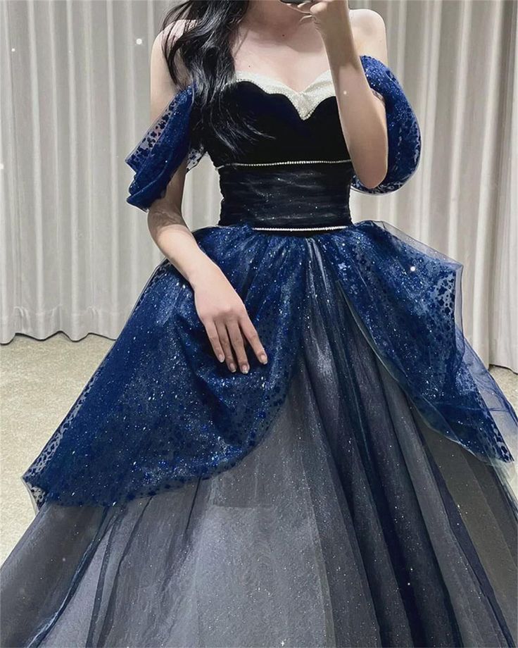 Gothic Glitter Blue Princess Tulle Prom Dress Blue Long Evening Dress P612