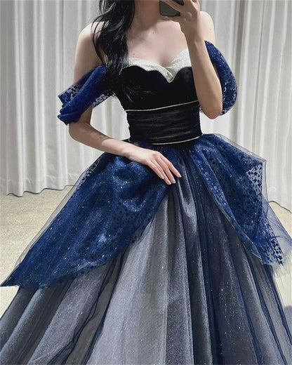Gothic Glitter Blue Princess Tulle Prom Dress Blue Long Evening Dress P612